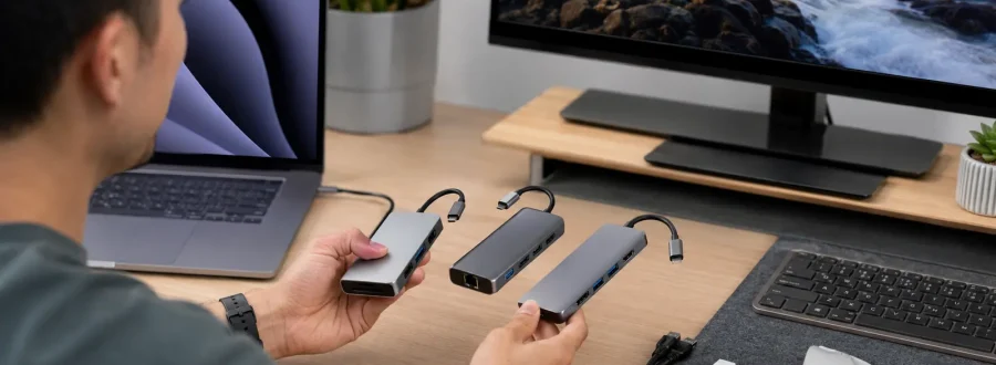 Como escolher hub USB-C. Pessoa escolhendo um hub USB-C para notebook.