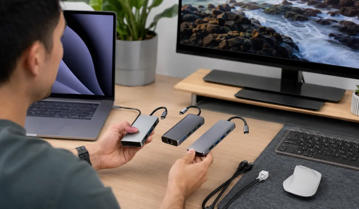 Como escolher hub USB-C. Pessoa escolhendo um hub USB-C para notebook.
