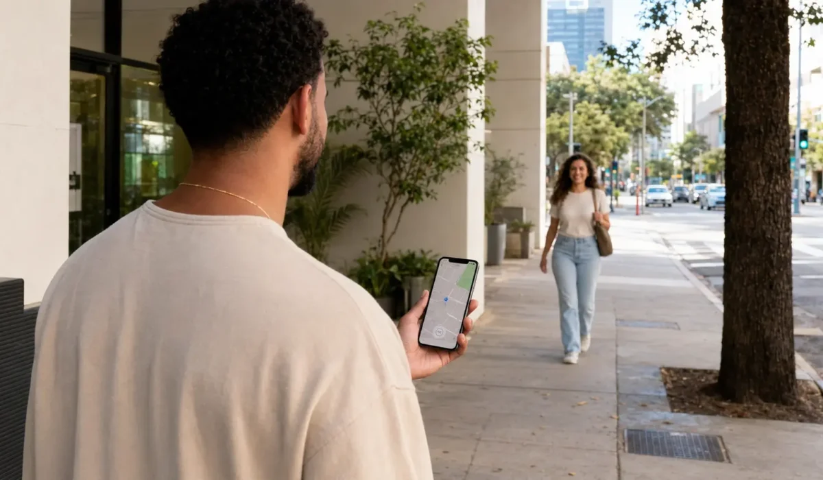 Pessoa compartilha localização temporária pelo celular em uma rua urbana.