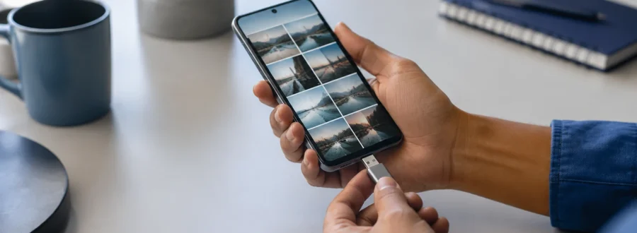 Pessoa conecta um pendrive USB-C ao celular Android para criar uma cópia local de fotos e vídeos.