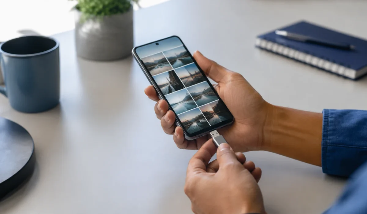 Pessoa conecta um pendrive USB-C ao celular Android para criar uma cópia local de fotos e vídeos.