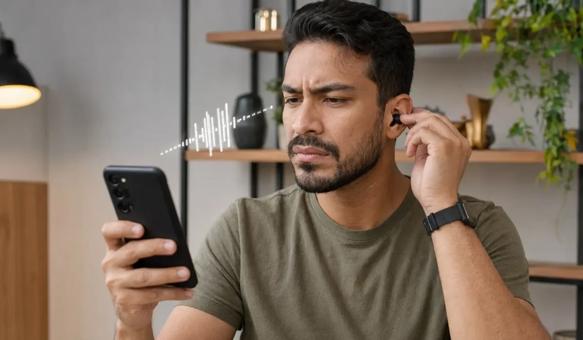 Pessoa percebe falhas de áudio em um fone Bluetooth conectado ao celular.