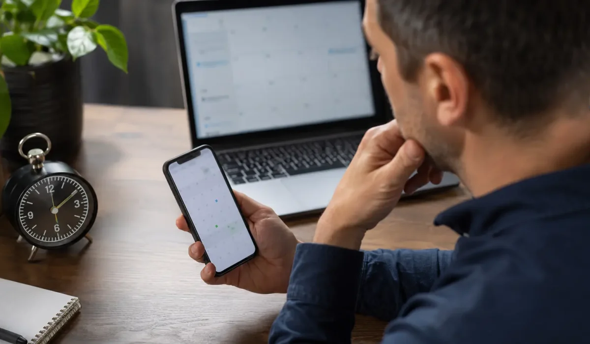 Pessoa preocupada conferindo um compromisso no celular sem ter recebido o alerta.