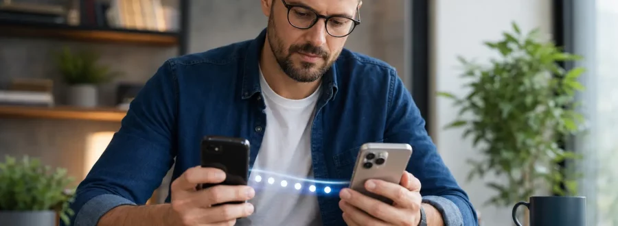 Pessoa comparando um celular antigo e um novo durante a transferência segura de códigos de autenticação.