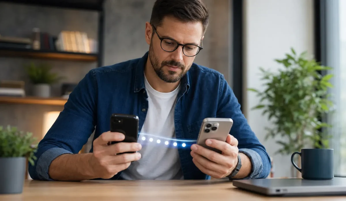 Pessoa comparando um celular antigo e um novo durante a transferência segura de códigos de autenticação.