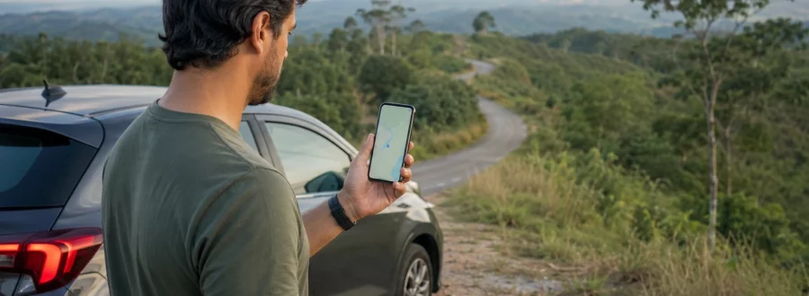 Pessoa segurando celular com mapa genérico durante viagem em região de sinal fraco