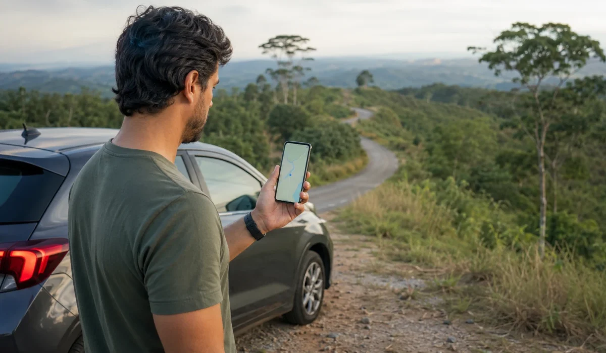 Pessoa segurando celular com mapa genérico durante viagem em região de sinal fraco