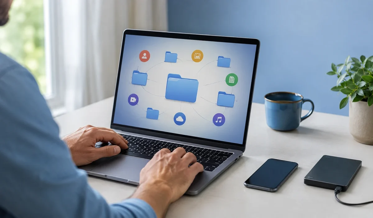 Pessoa confere no notebook uma exportação de dados da Conta Google antes de guardá-la em outro dispositivo.