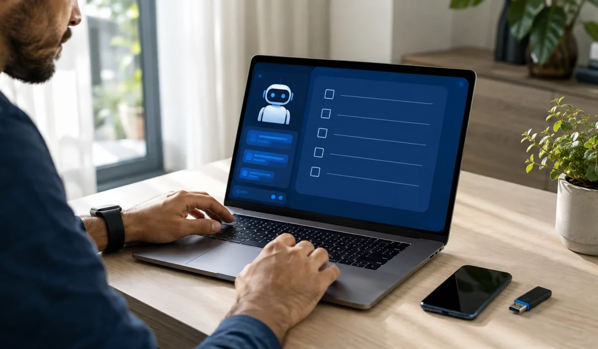 Pessoa organiza em um notebook uma checklist de backup com ajuda de IA enquanto mantém celular e armazenamento externo à mão.