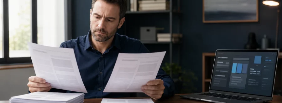 Pessoa compara duas versões impressas de um documento com apoio de IA no notebook.