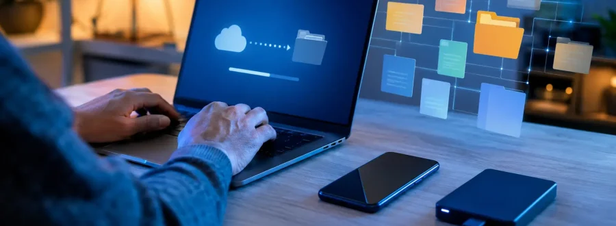 Pessoa organiza um plano de backup no notebook com celular e SSD ao lado, enquanto cartões abstratos representam sugestões de IA.