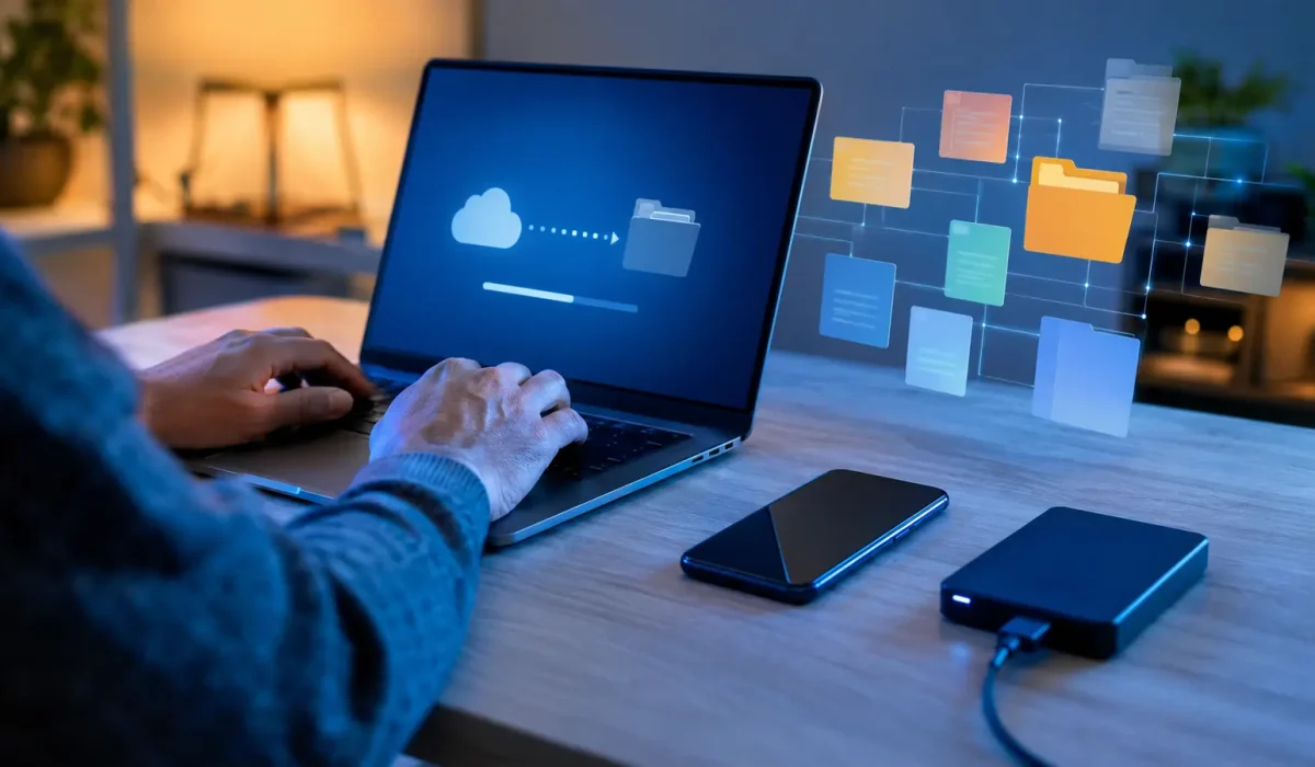 Pessoa organiza um plano de backup no notebook com celular e SSD ao lado, enquanto cartões abstratos representam sugestões de IA.