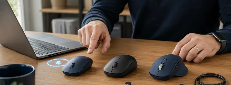 Três mouses sem fio representam conexão Bluetooth, receptor USB e modo duplo.