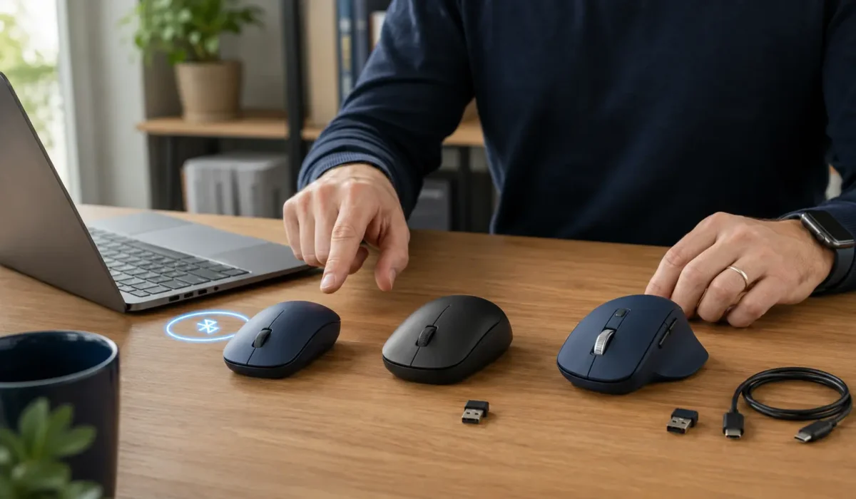 Três mouses sem fio representam conexão Bluetooth, receptor USB e modo duplo.
