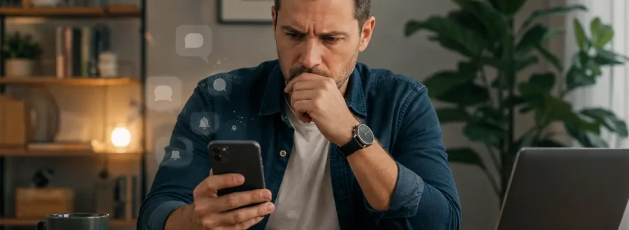 Pessoa verifica um celular que não está exibindo notificações de mensagens.