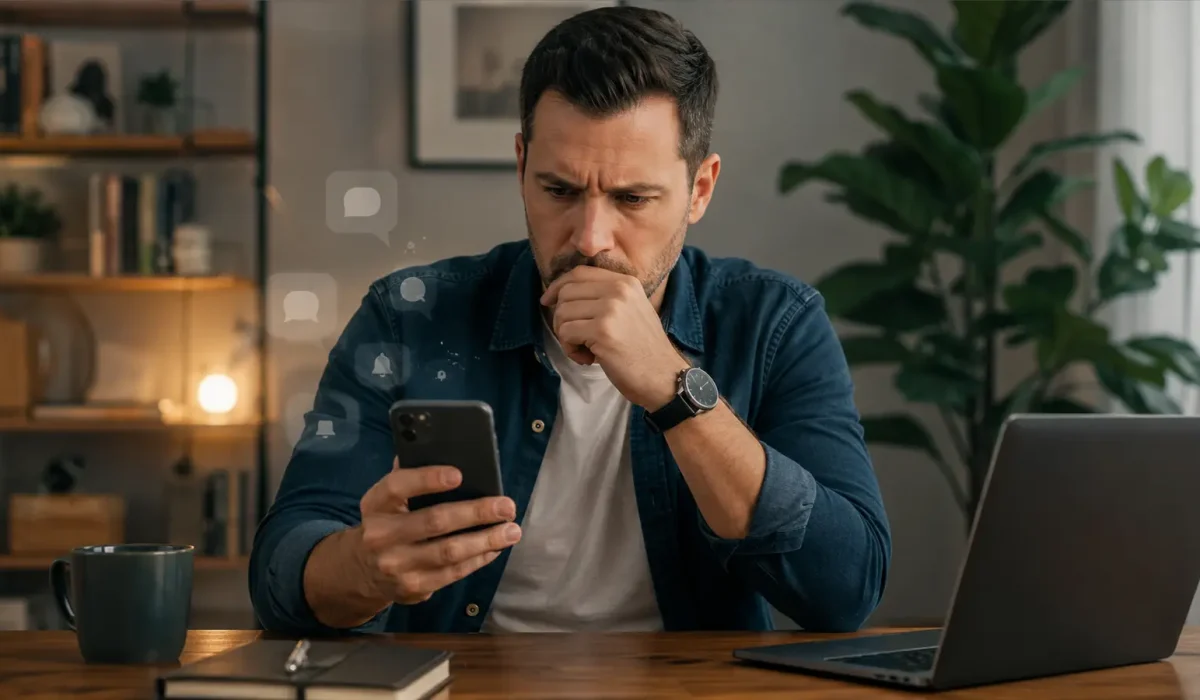 Pessoa verifica um celular que não está exibindo notificações de mensagens.