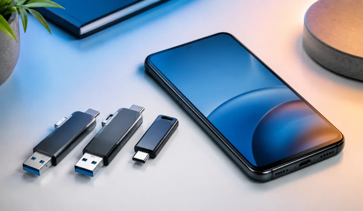 Celular Android aparece ao lado de três formatos de pendrive USB-C, incluindo opções com USB-A e conector único.