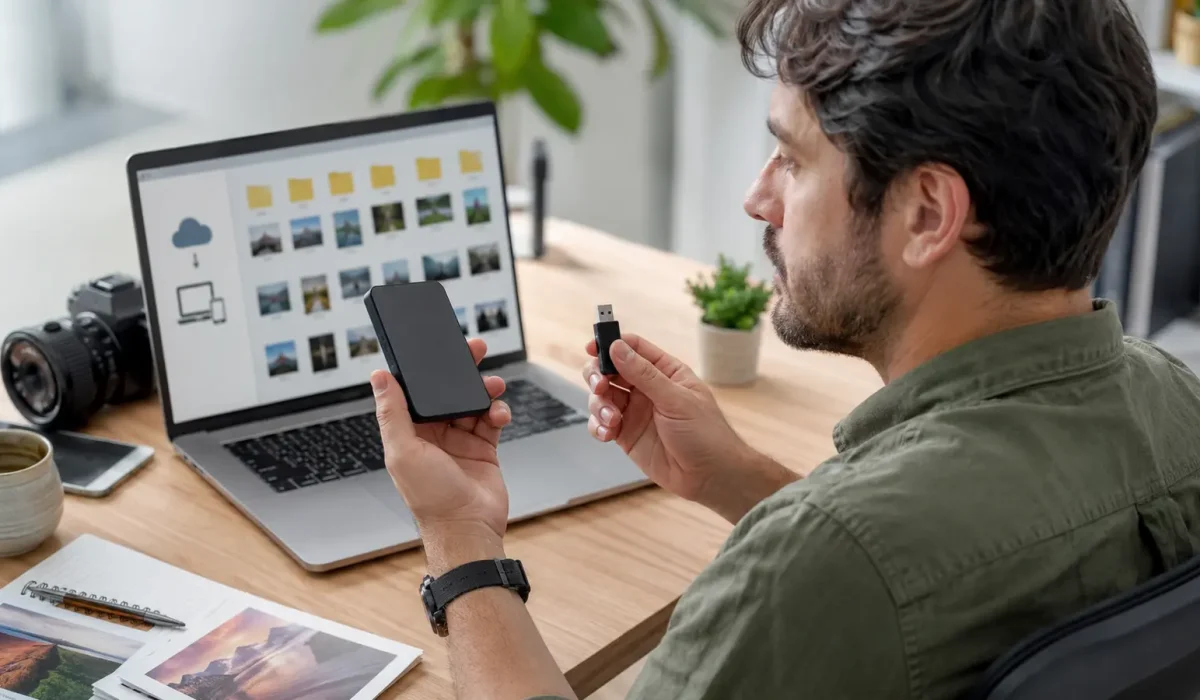 Pessoa compara SSD externo e pendrive para escolher uma mídia de backup.