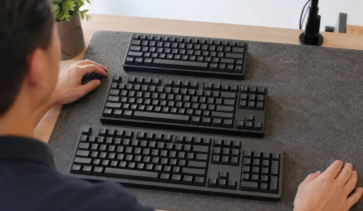Comparação entre teclados compacto, TKL e tradicional em uma mesa.