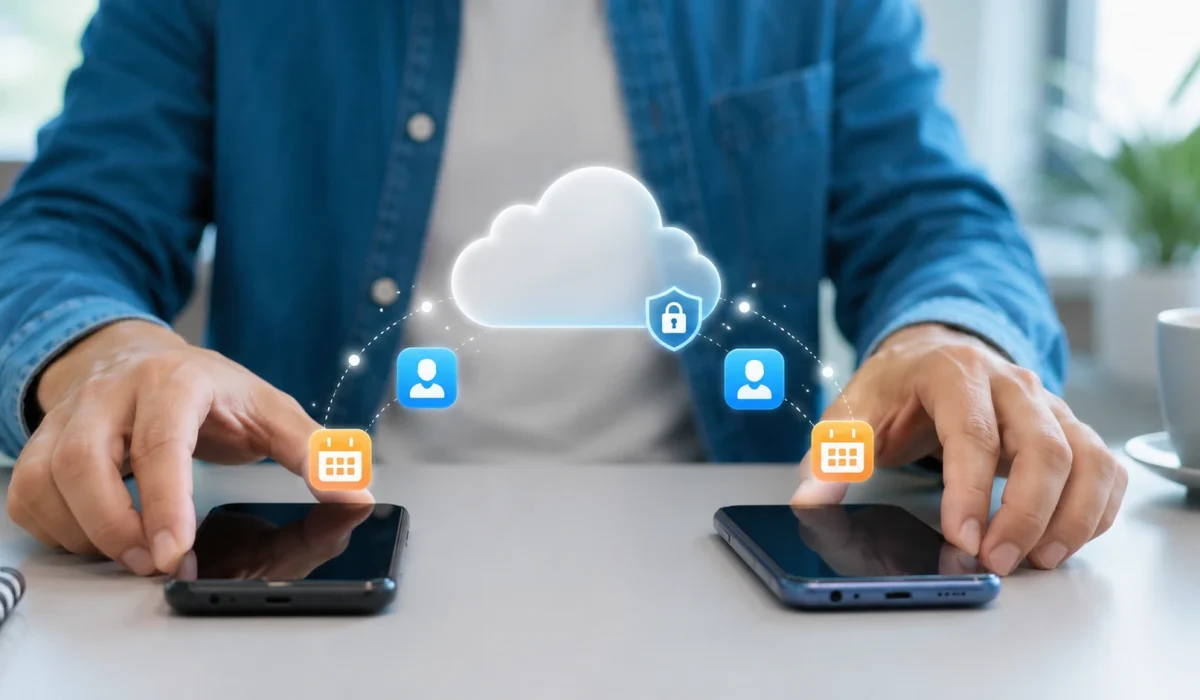 Dois celulares Android representam a conferência de contatos e compromissos antes da troca de aparelho.