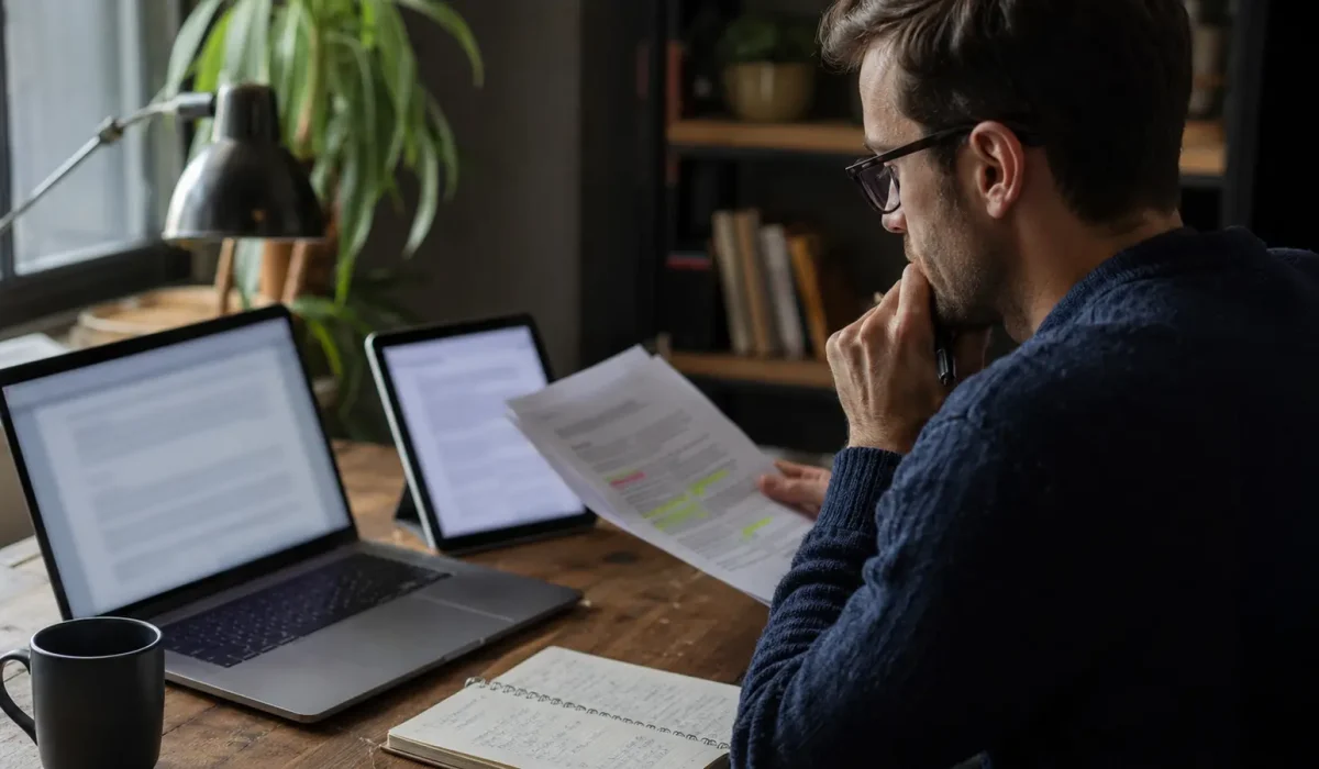 Pessoa conferindo em fontes diferentes uma resposta apresentada por uma ferramenta de inteligência artificial.