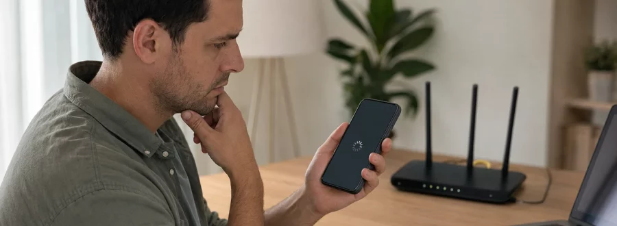 : Pessoa verifica celular conectado ao Wi-Fi ao lado do roteador doméstico.