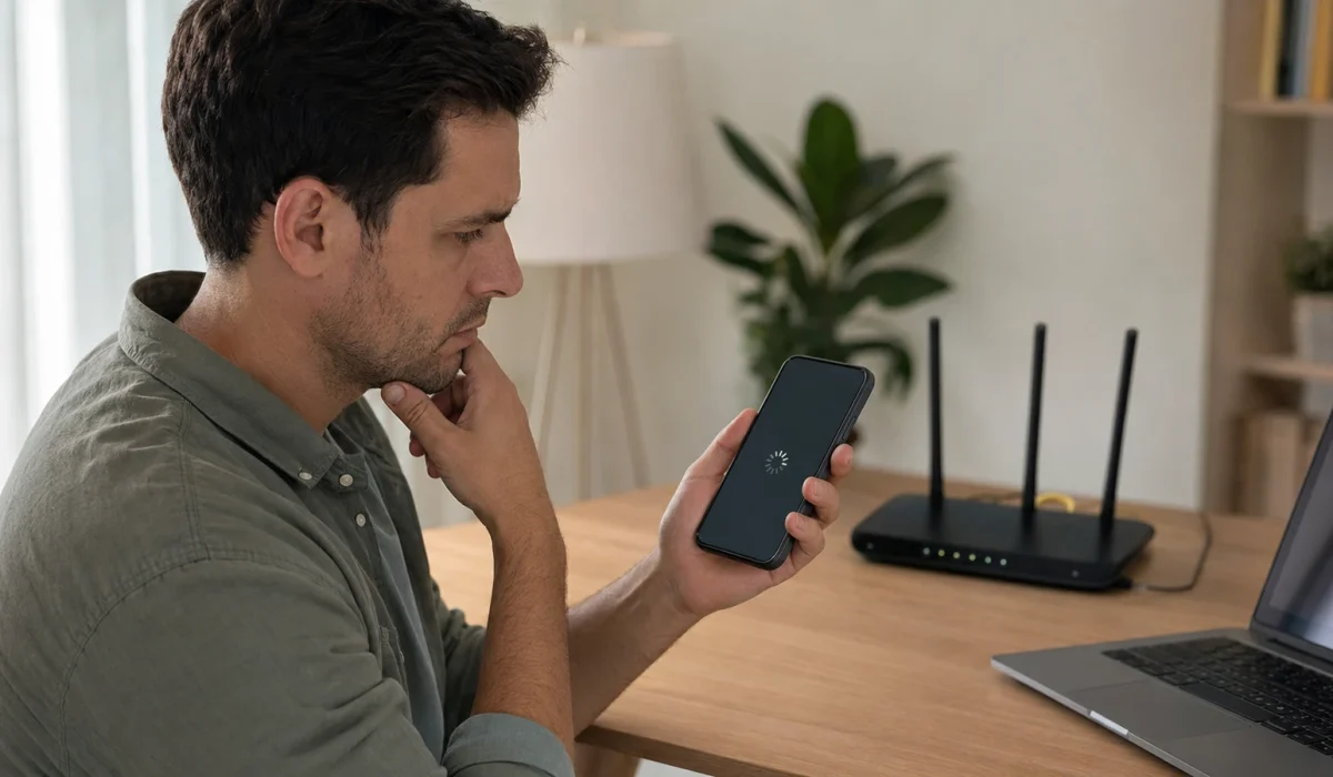 : Pessoa verifica celular conectado ao Wi-Fi ao lado do roteador doméstico.