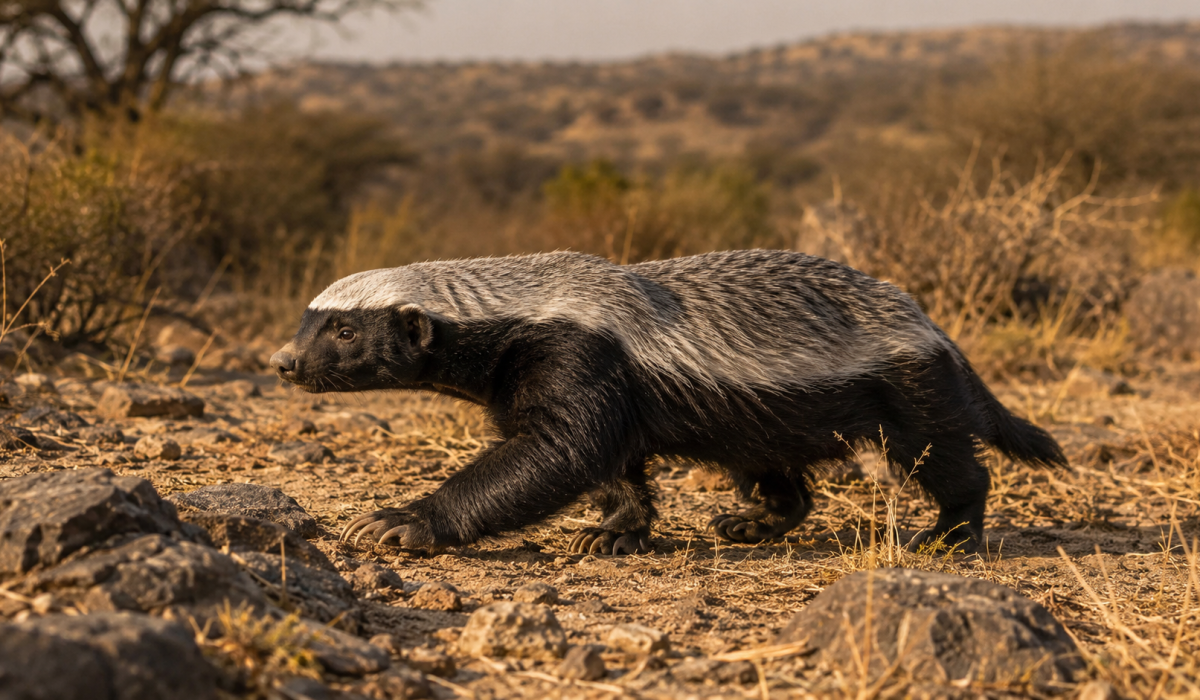 Texugo-do-mel caminhando por terreno rochoso em ambiente de savana africana