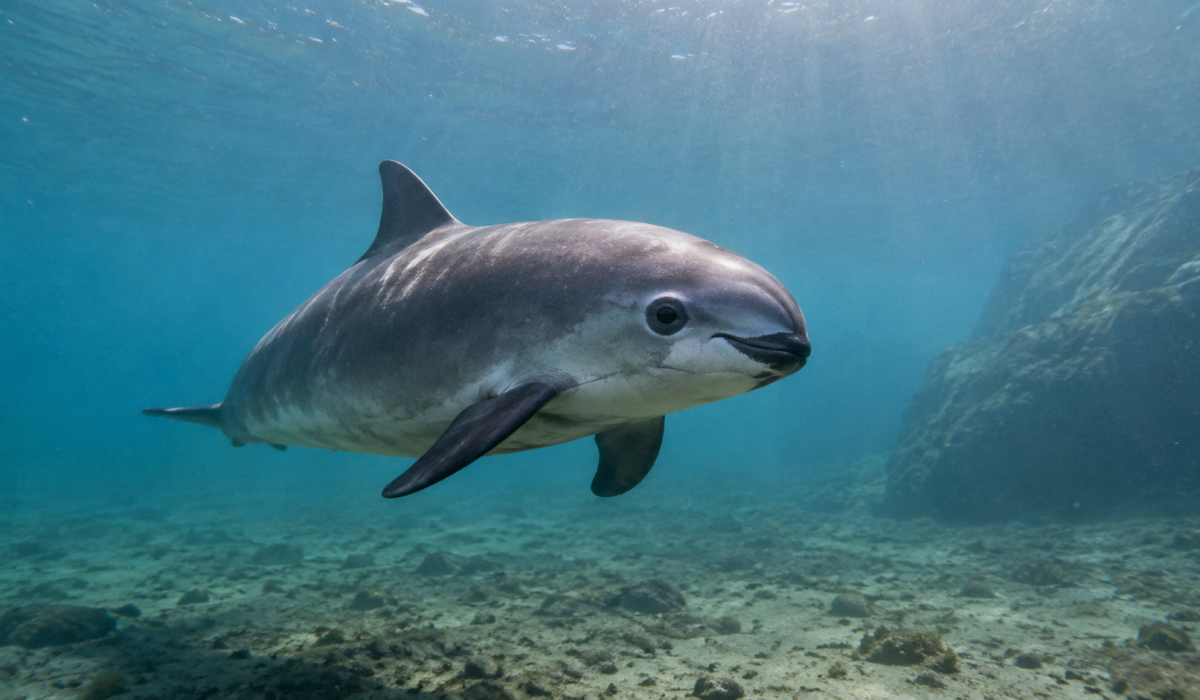 Representação de vaquita nadando nas águas do Golfo da Califórnia