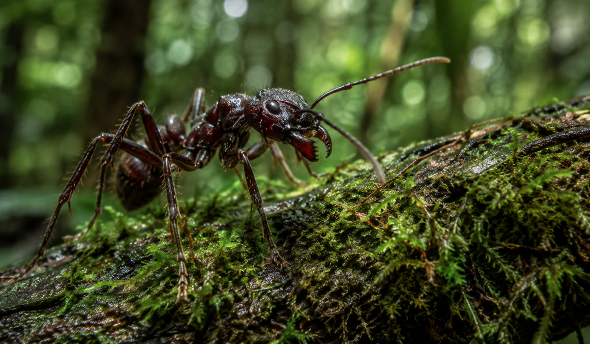 Representação de formiga-tucandeira sobre tronco coberto de musgo em floresta tropical