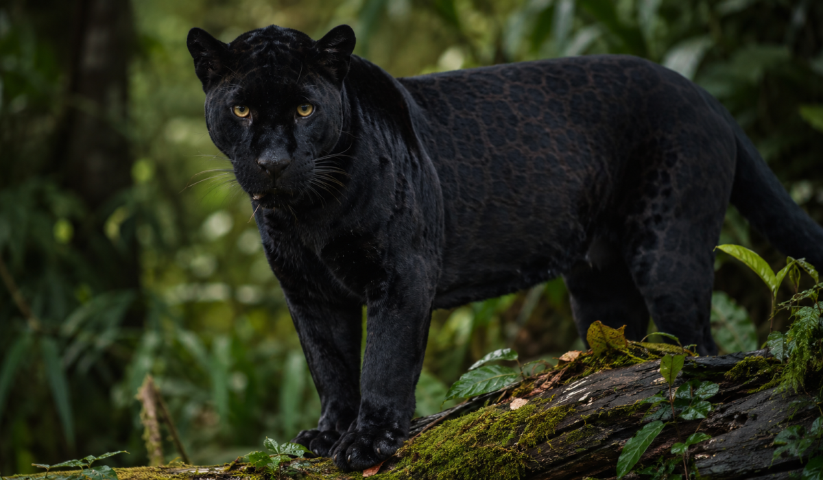 Pantera negra com rosetas visíveis sobre a pelagem escura em floresta tropical