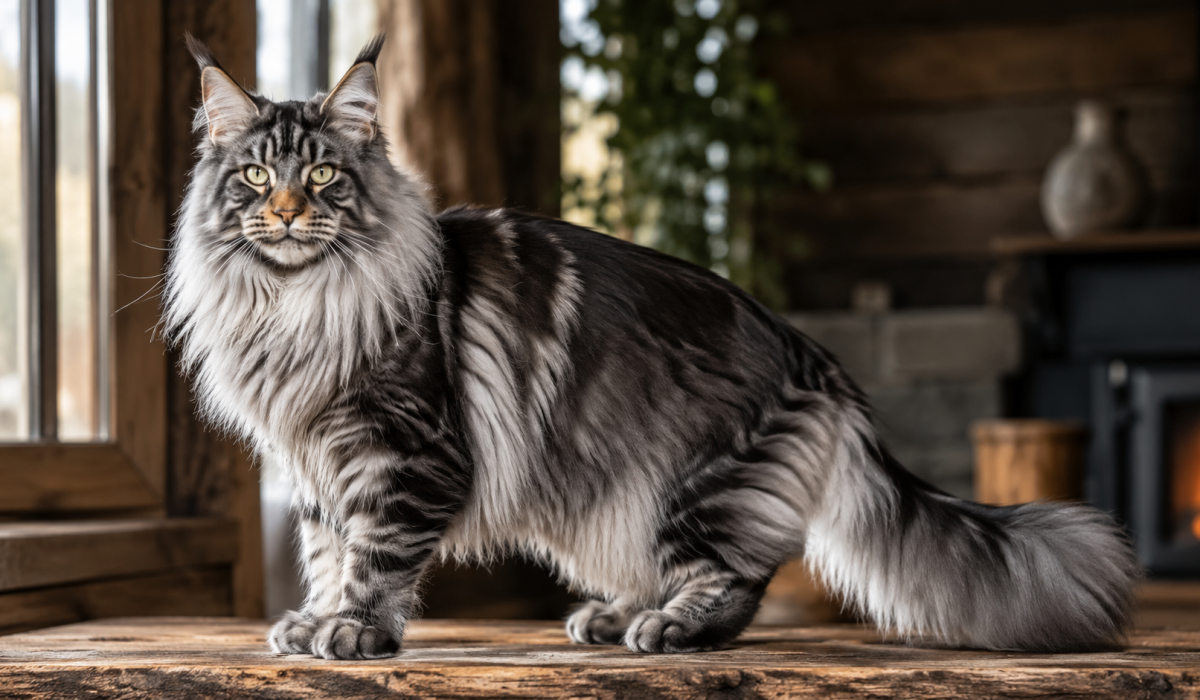 Gato Maine Coon adulto de pelagem longa sobre superfície de madeira